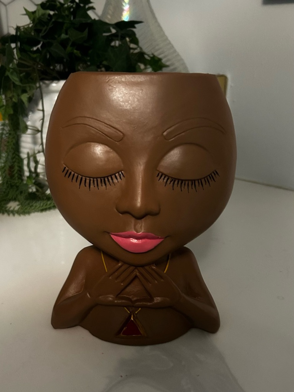 Sorority inspired Plastic Planter. Brown Ceramic Face Planter with Pink Lips